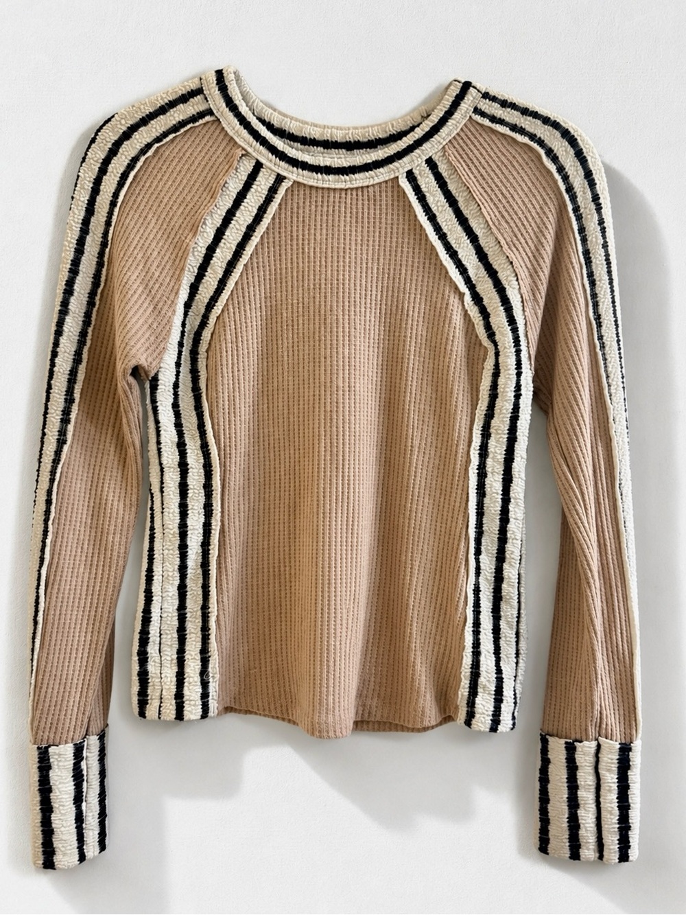 Gilded Intent Buckle Waffle Knit Top Distressed Raglan Tan Striped S